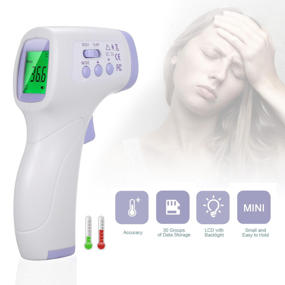 Non-contact Infrafred Thermometer Forehead Ear Thermometer 0.5s Fast Reading Beep Alarm LCD Display 3-color Backlight for Body and Surface Temperature Measurement °C/°F Body/Object Temperature 32 Memory Groups