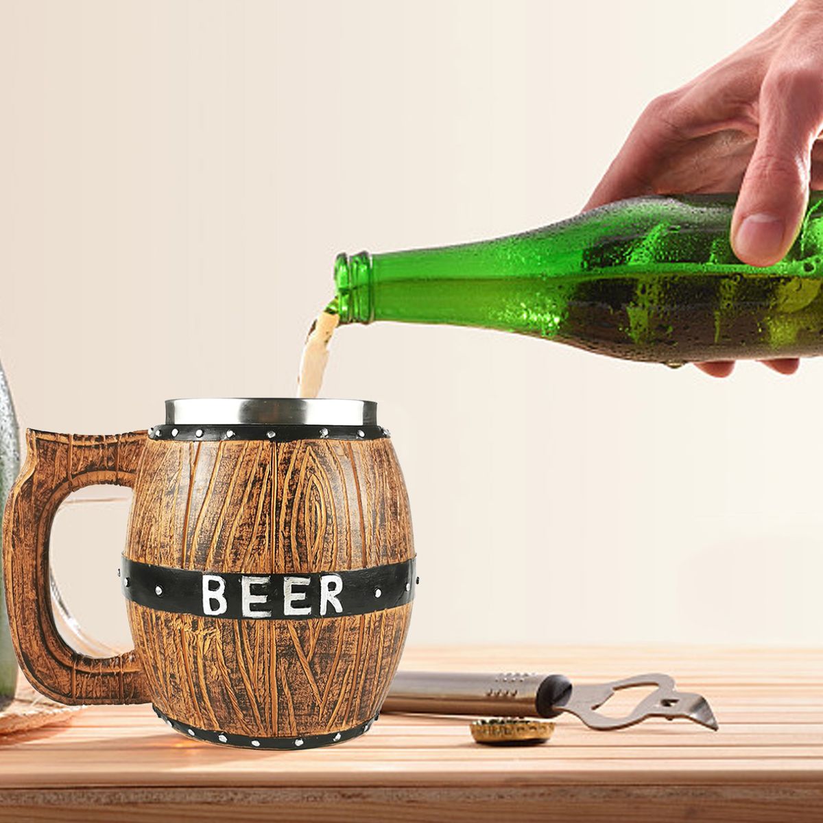 Stainless Steel Wooden Barrel Beer Mug Large Capacity Beer