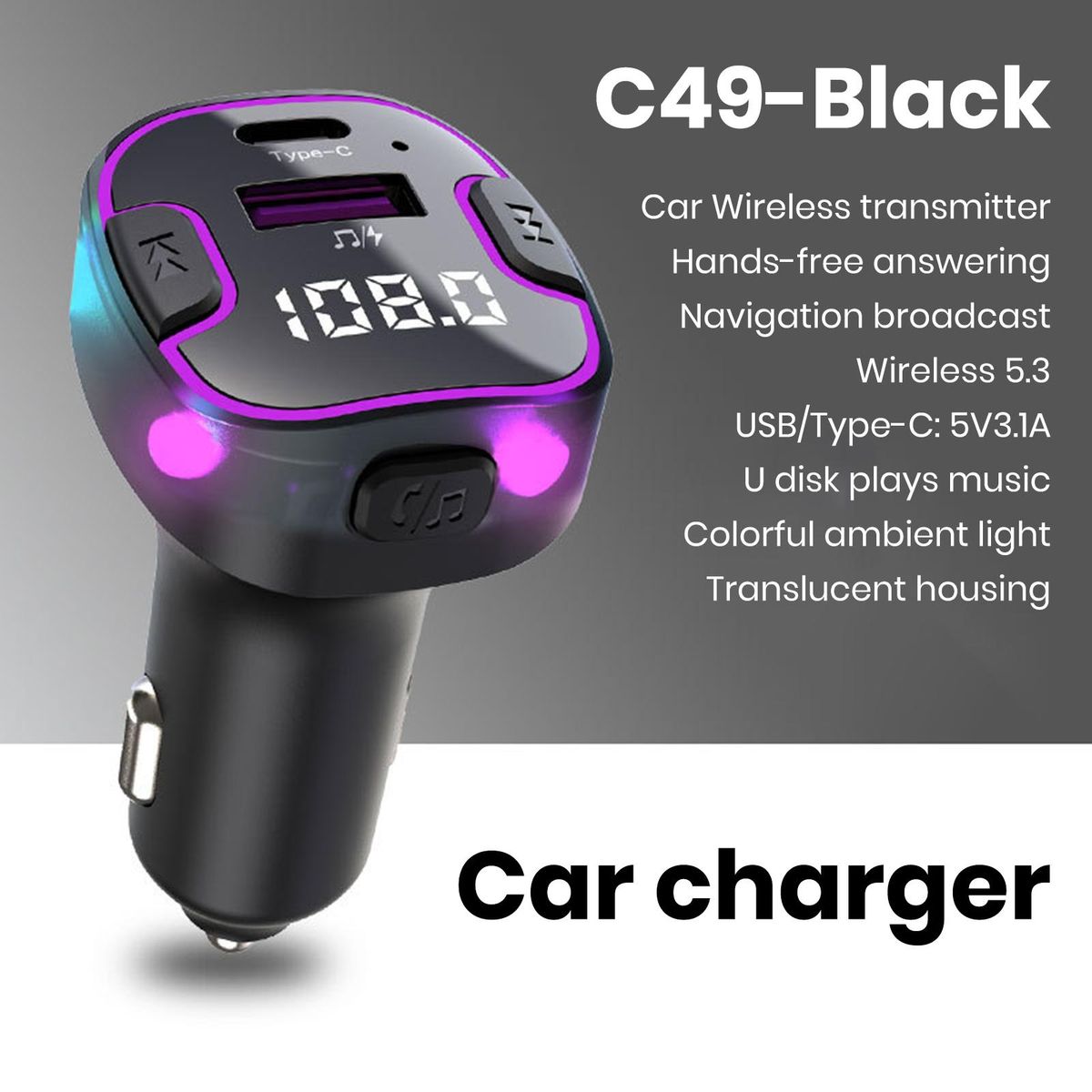 Colorful Ambient Light Car Charger Wireless Car Mp3 Player for Car Black