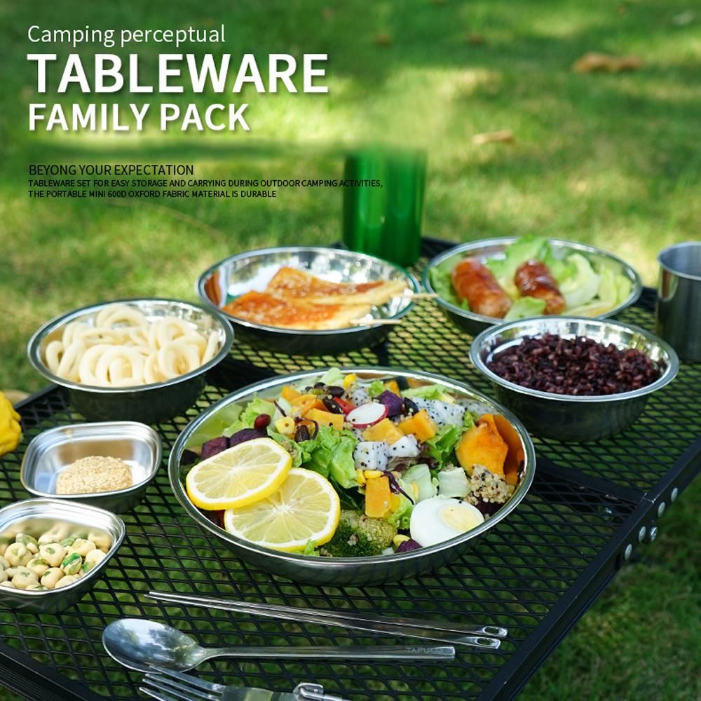 CLS 22PCS Portable Dinner Plates Camping Tableware Set Polished Stainless Steel Bowls Soup Pots with Storage Bag for Outdoor Cooking Camping Picnic Barbecue
