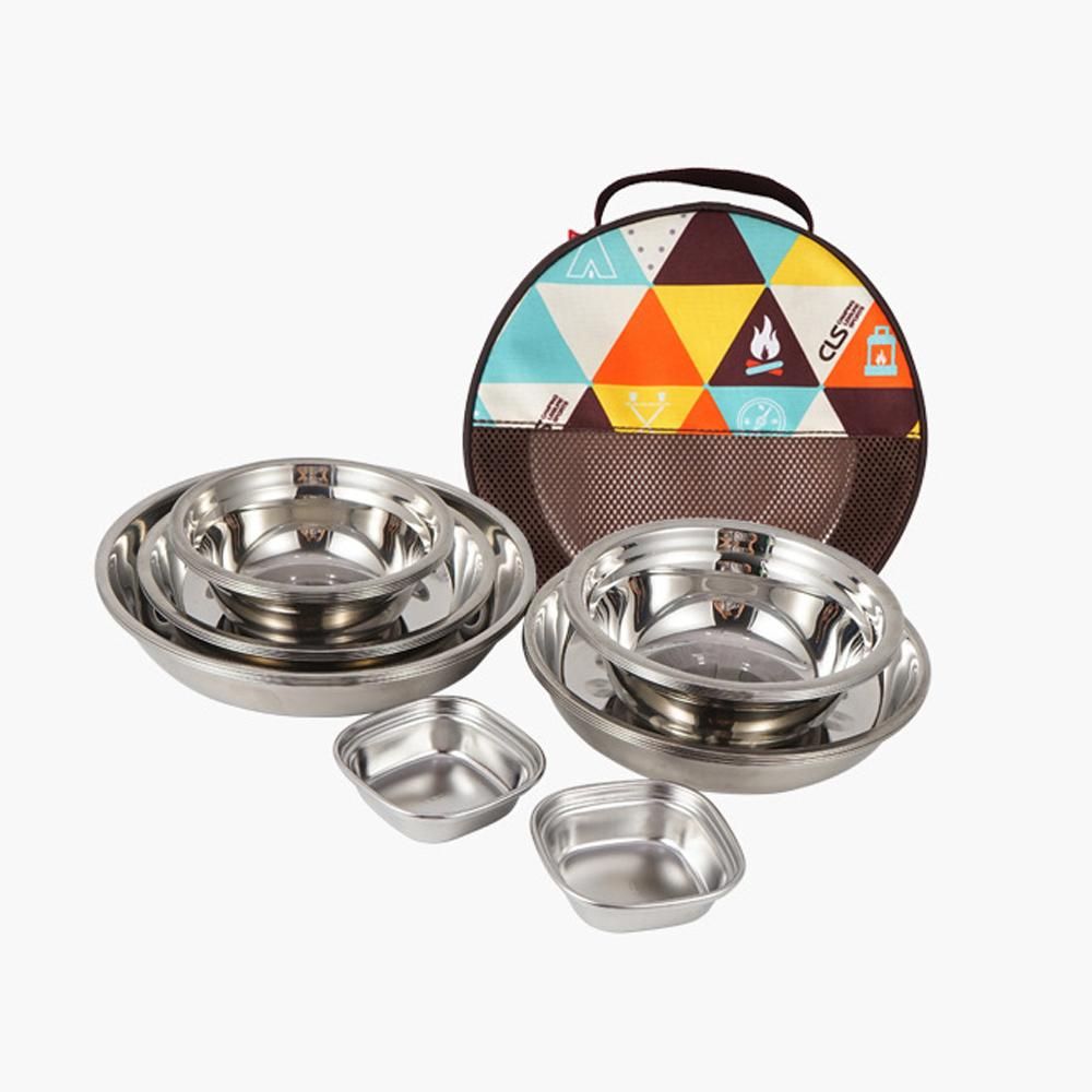CLS 22PCS Portable Dinner Plates Camping Tableware Set Polished Stainless Steel Bowls Soup Pots with Storage Bag for Outdoor Cooking Camping Picnic Barbecue