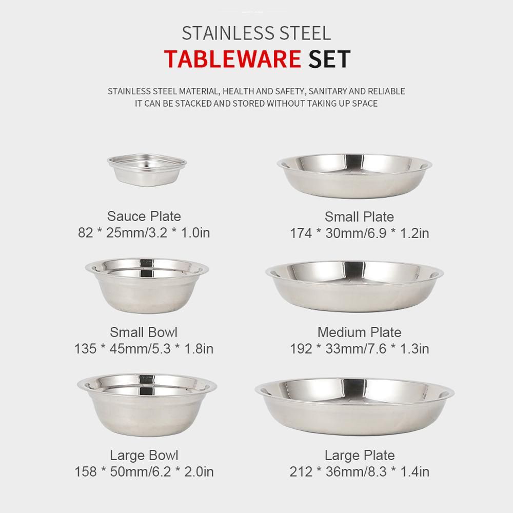 CLS 22PCS Portable Dinner Plates Camping Tableware Set Polished Stainless Steel Bowls Soup Pots with Storage Bag for Outdoor Cooking Camping Picnic Barbecue