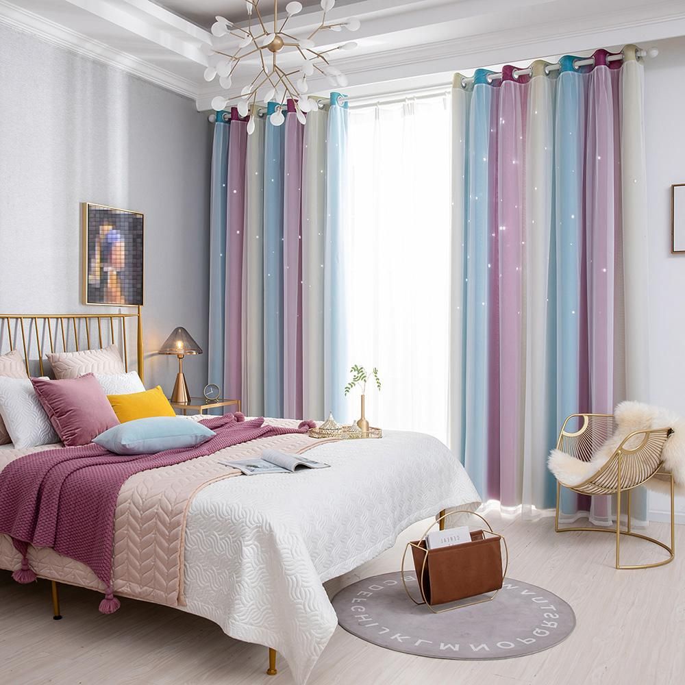1PC Star Curtain Blackout High Precision Curtains for Kids Girls Bedroom Living Room Colorful Double Layer Star Window Curtains