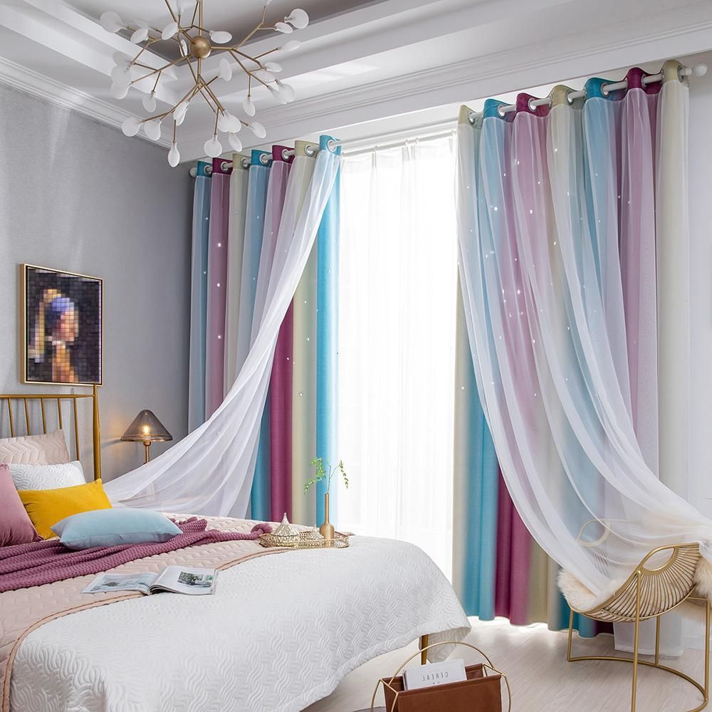 1PC Star Curtain Blackout High Precision Curtains for Kids Girls Bedroom Living Room Colorful Double Layer Star Window Curtains