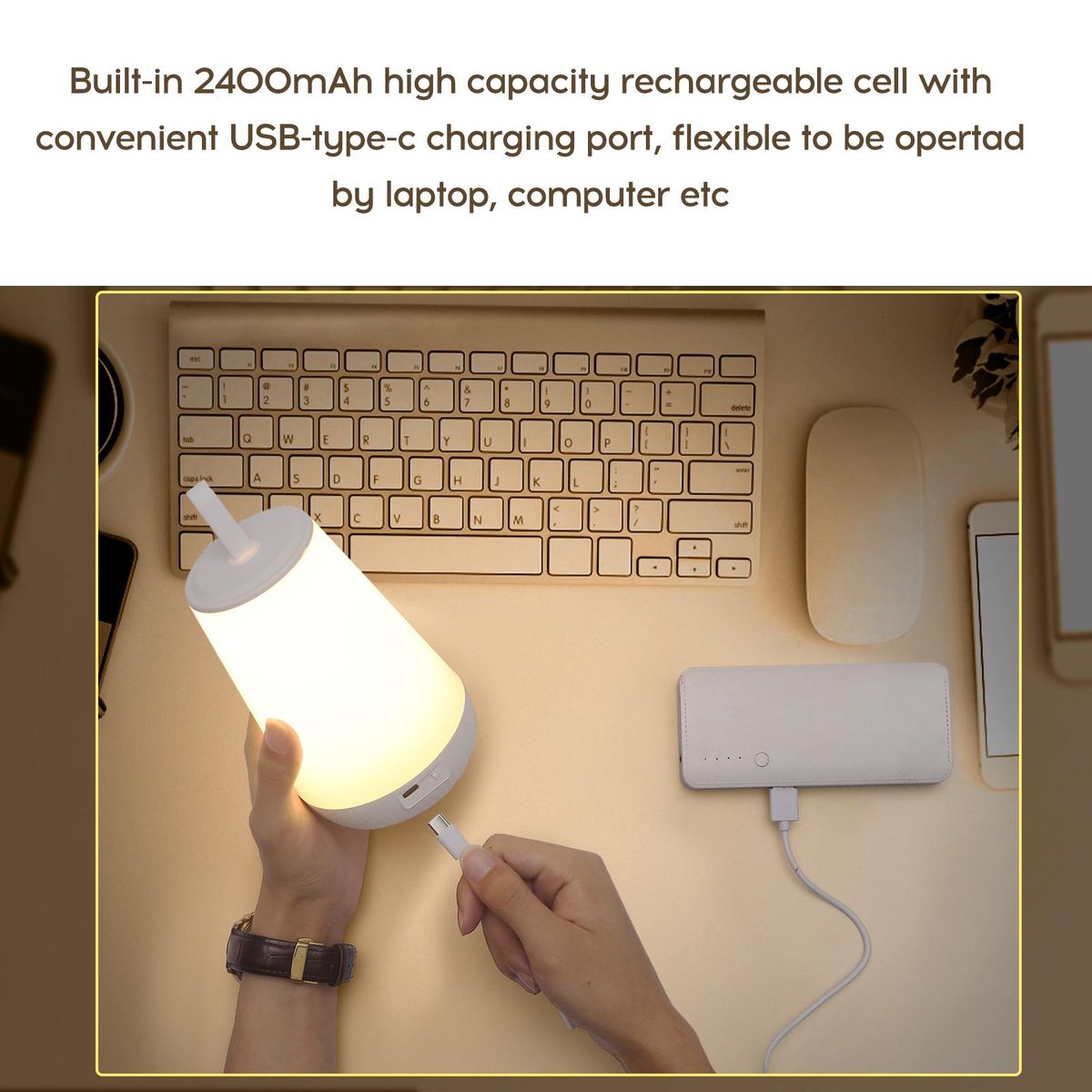 D C5V 3W 60LEDs Touching Control Bedside Lamp Night Light Stepless Dimmable Brightness Adjustable 5 Dynamic Lighting Modes USB-Type C Chargings Port Built-in 2400mAh High Capacity Rechargeable Cell Hangable Hook Design for Hi