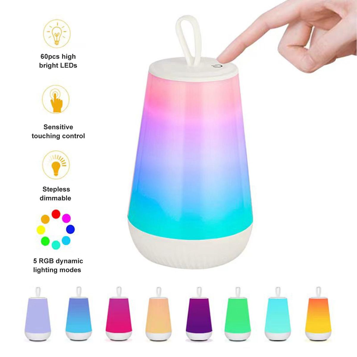 D C5V 3W 60LEDs Touching Control Bedside Lamp Night Light Stepless Dimmable Brightness Adjustable 5 Dynamic Lighting Modes USB-Type C Chargings Port Built-in 2400mAh High Capacity Rechargeable Cell Hangable Hook Design for Hi