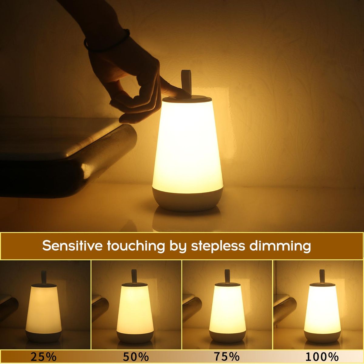 D C5V 3W 60LEDs Touching Control Bedside Lamp Night Light Stepless Dimmable Brightness Adjustable 5 Dynamic Lighting Modes USB-Type C Chargings Port Built-in 2400mAh High Capacity Rechargeable Cell Hangable Hook Design for Hi