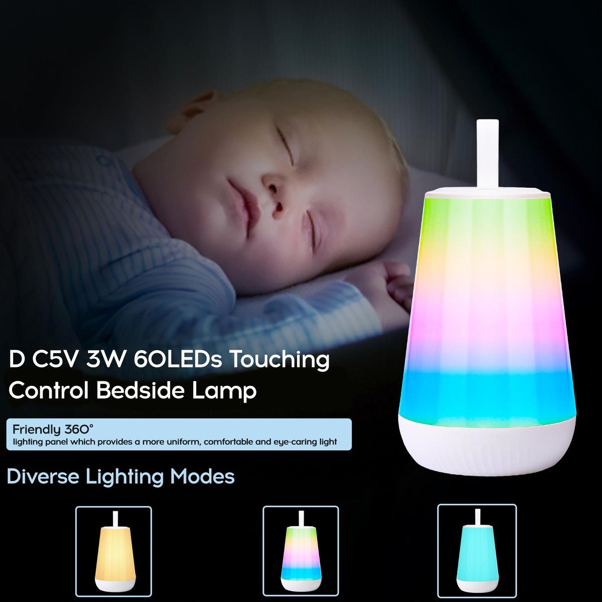 D C5V 3W 60LEDs Touching Control Bedside Lamp Night Light Stepless Dimmable Brightness Adjustable 5 Dynamic Lighting Modes USB-Type C Chargings Port Built-in 2400mAh High Capacity Rechargeable Cell Hangable Hook Design for Hi