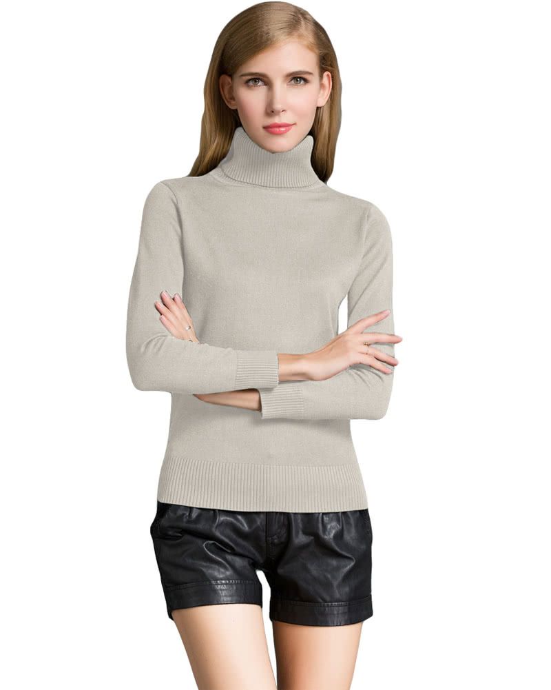 Winter Women Sweater Knitwear Turtle Neck Long Sleeves-beige