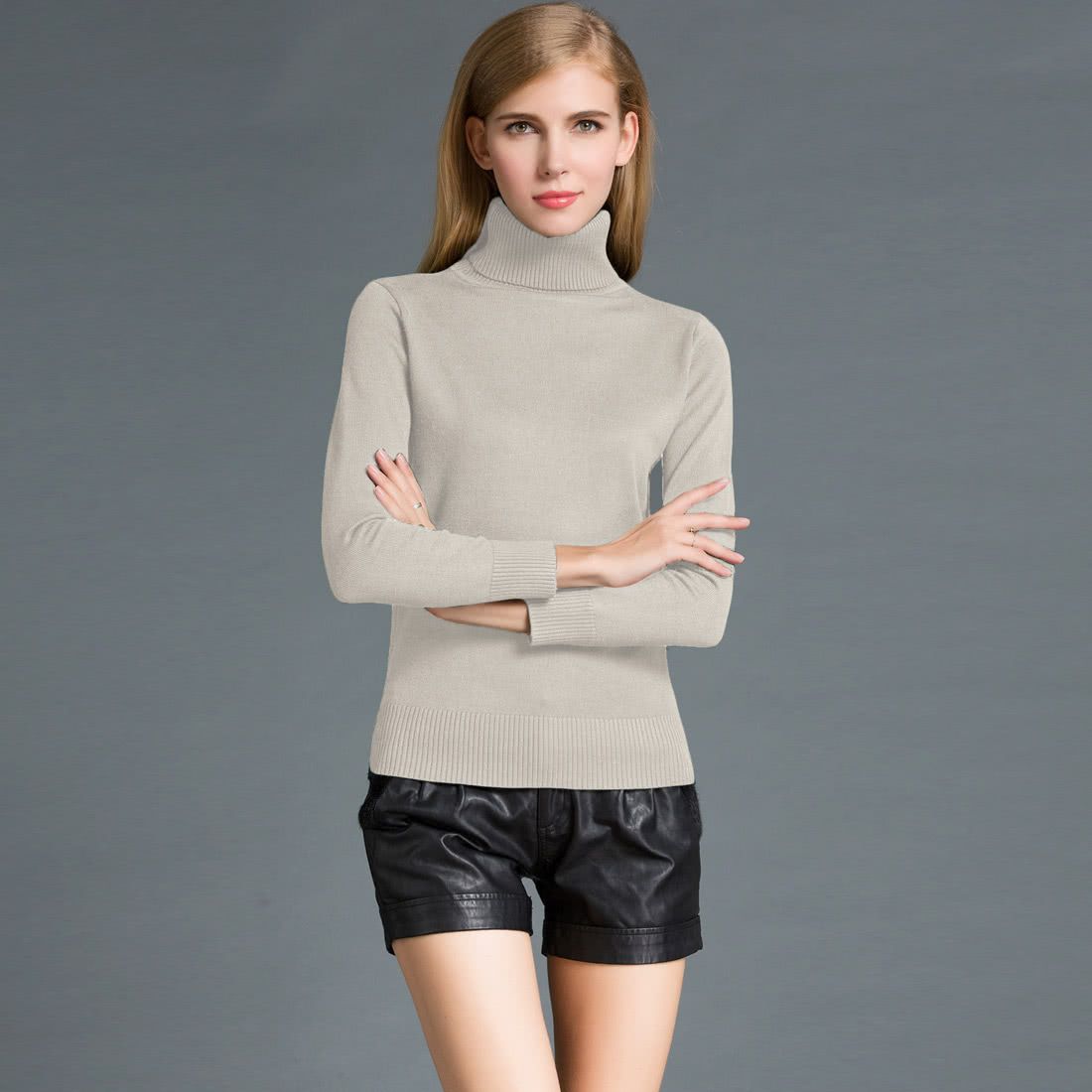 Winter Women Sweater Knitwear Turtle Neck Long Sleeves-beige