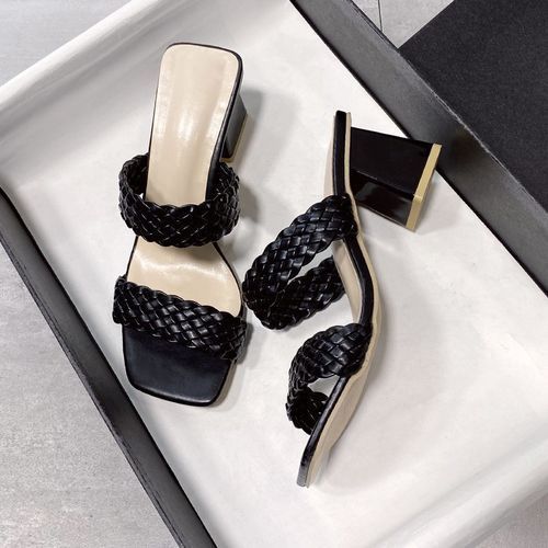 Women's Braided Heels Mules Sandals Square Open Toe Dress Ladies Slippers-Black