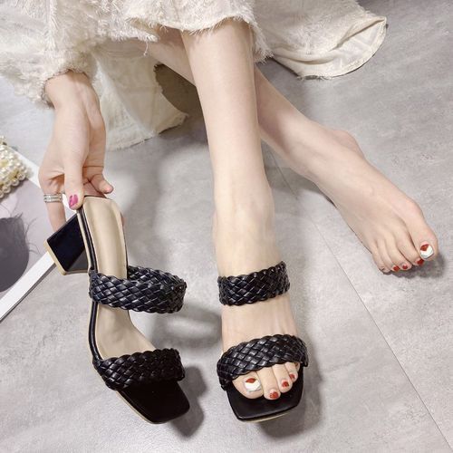 Women's Braided Heels Mules Sandals Square Open Toe Dress Ladies Slippers-Black