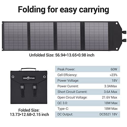 ROCKPALS SP002 Foldable 60W Solar Panel Charger For Jackery