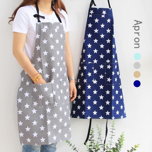 2 PCS Stars Pattern Kitchen Canvas Polyester Cotton Cooking Apron-L(Light Blue)