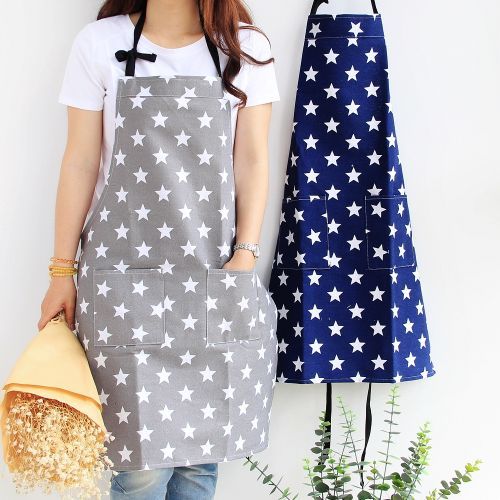 2 PCS Stars Pattern Kitchen Canvas Polyester Cotton Cooking Apron-L(Light Blue)