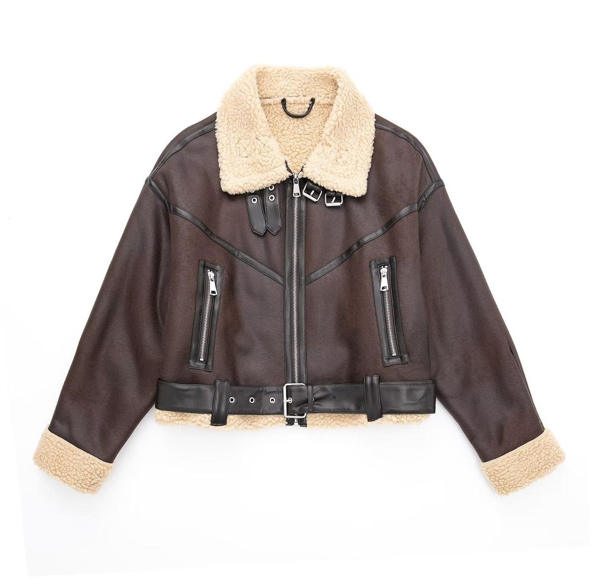 Autumn and Winter Thickened Fleece Integrated Lamb Wool Coat Women's Short Bombed Street Motorcycle
