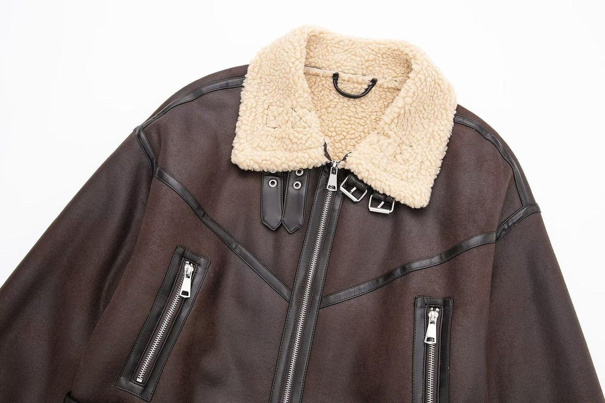 Autumn and Winter Thickened Fleece Integrated Lamb Wool Coat Women's Short Bombed Street Motorcycle