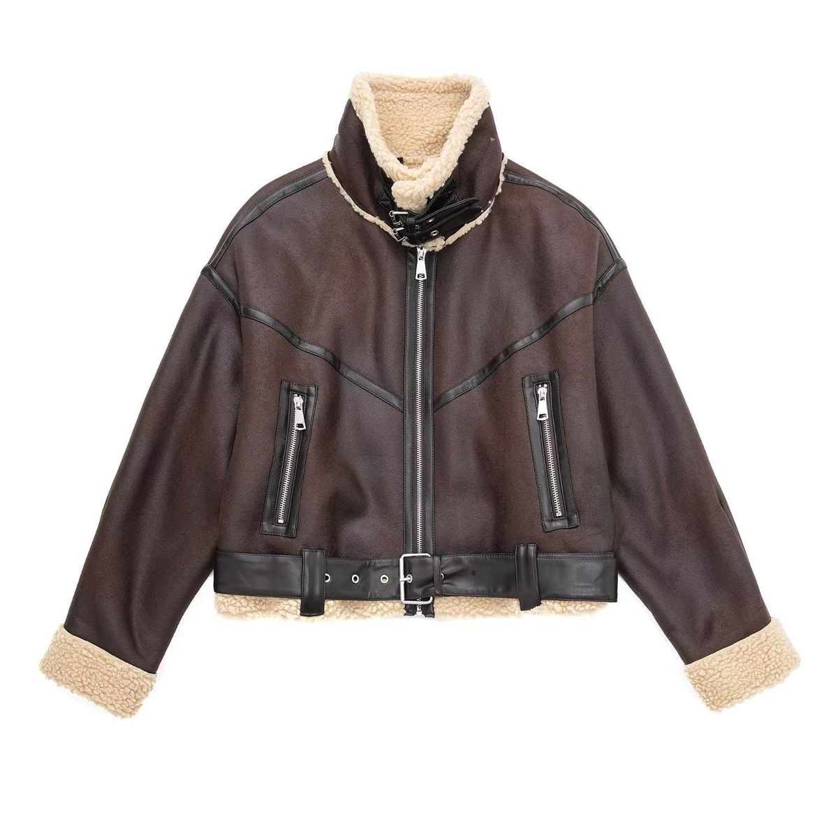Autumn and Winter Thickened Fleece Integrated Lamb Wool Coat Women's Short Bombed Street Motorcycle
