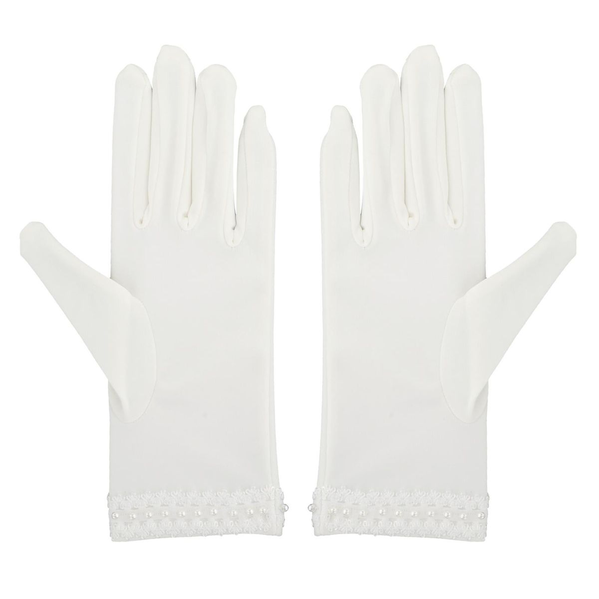 Wedding Pearl Lace Satin  White Full Finger  Elegant Short