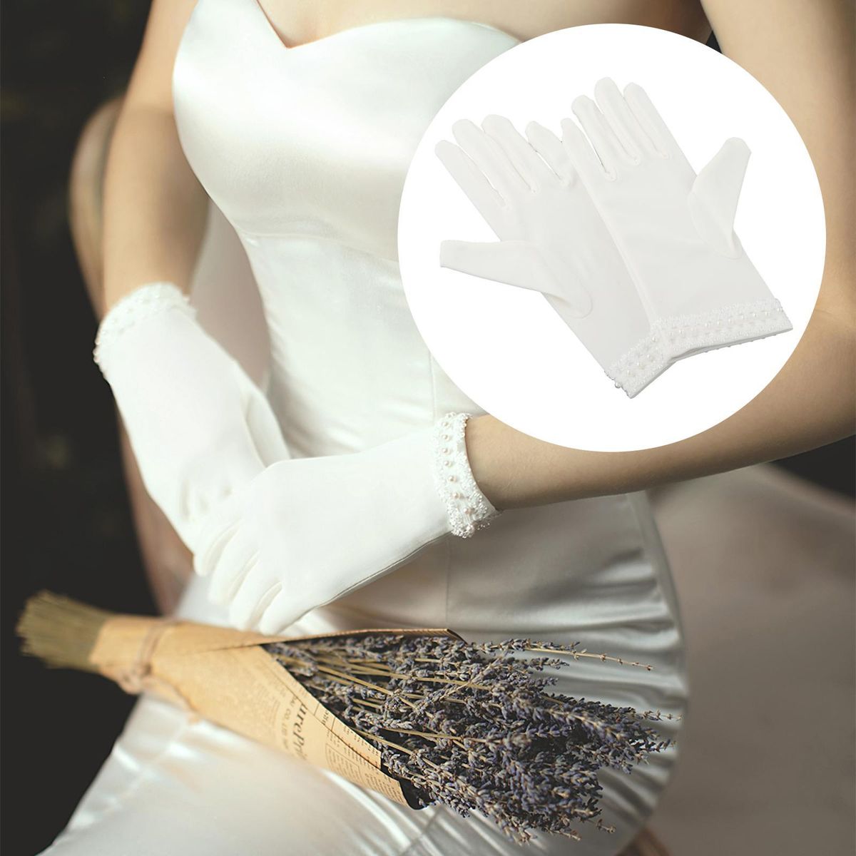 Wedding Pearl Lace Satin  White Full Finger  Elegant Short