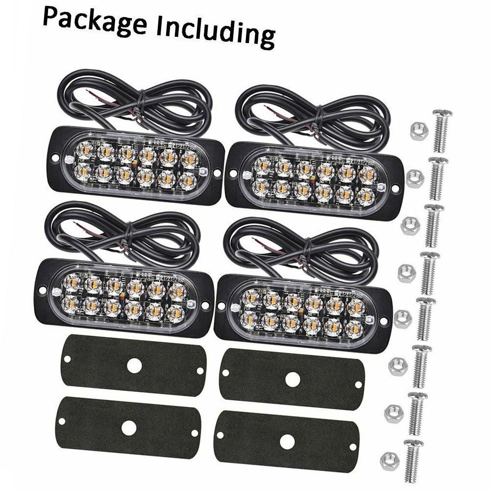 4PCS 12 Strobe LED Amber Hazard Beacon Emergency Flashing Side Marker Light Bars Warning Signal Towing Truck Flashing Lamp