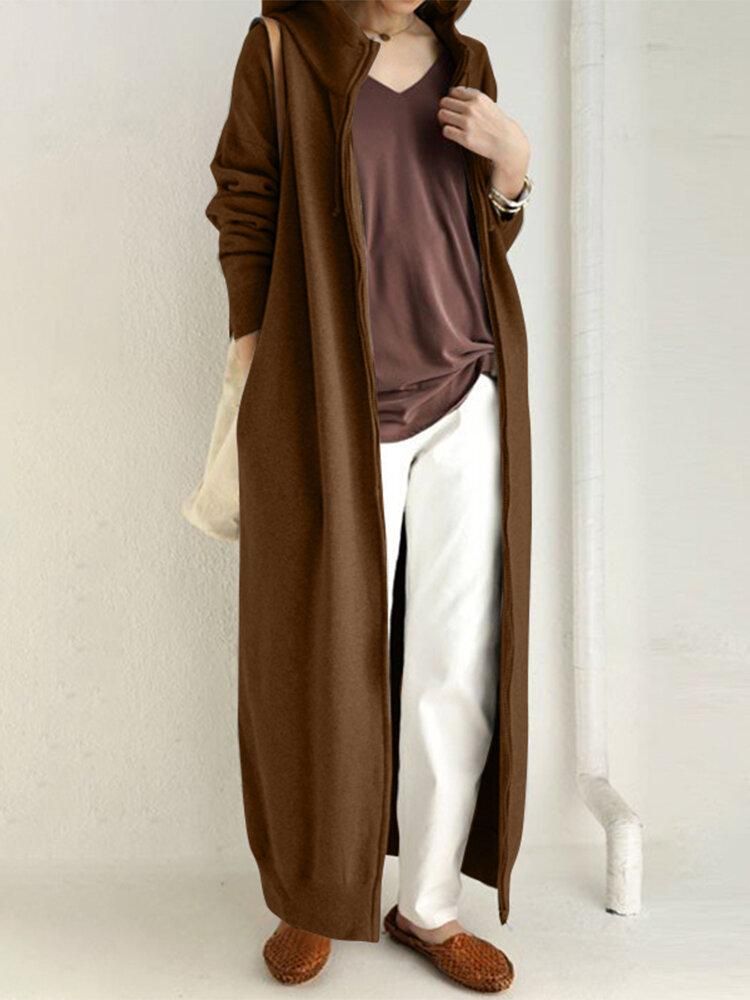 Women Solid Color Zipper Longline Hooded Jacket With Side Pockets
