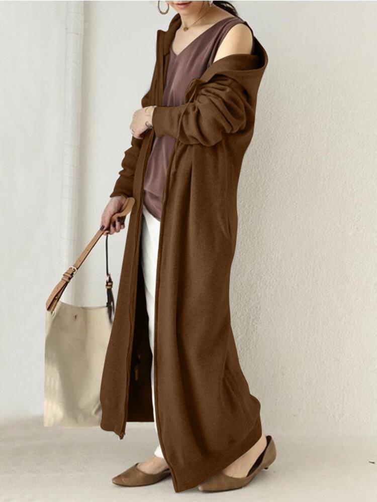 Women Solid Color Zipper Longline Hooded Jacket With Side Pockets