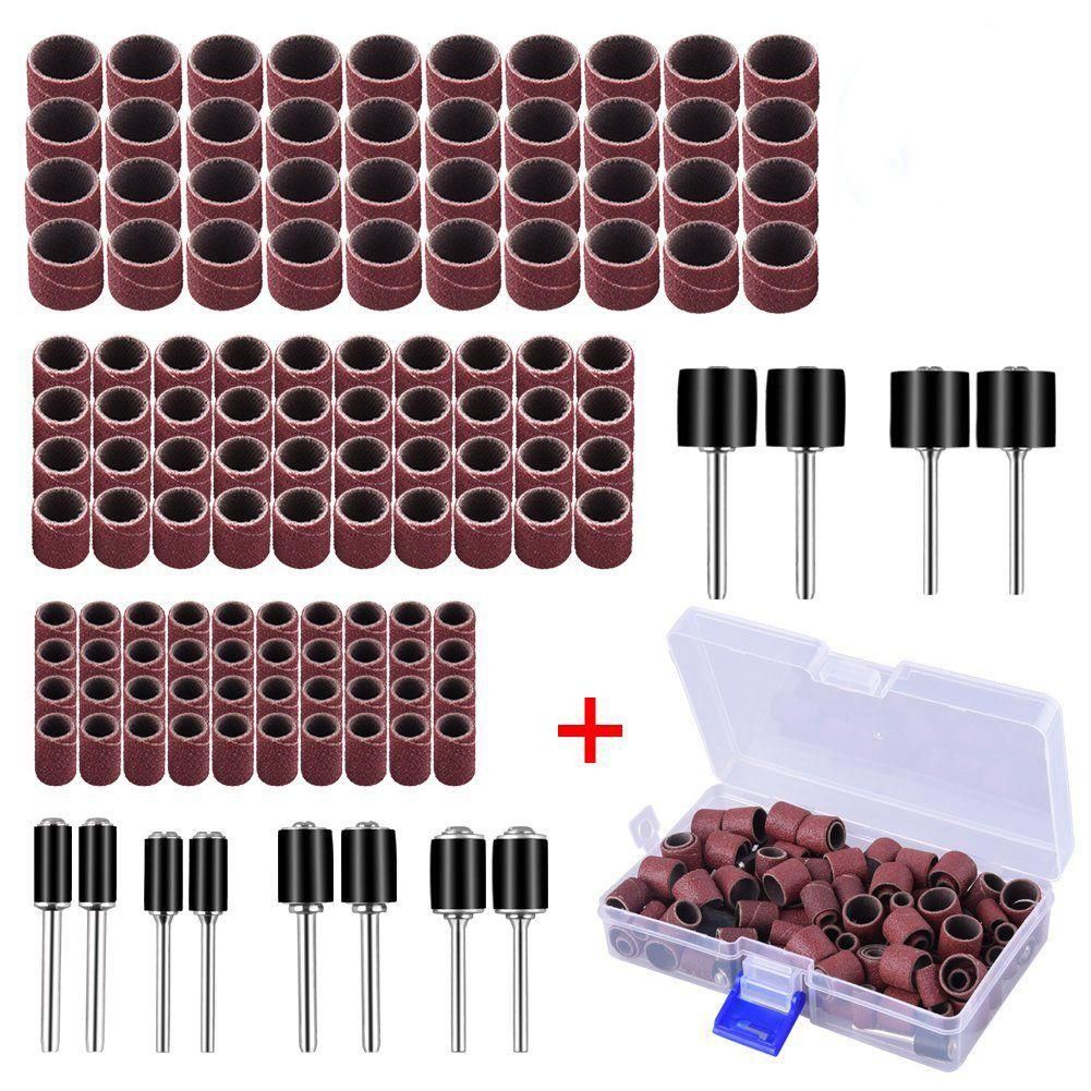 132 Pieces Drum Sander Set with Free Box Including 120 Pieces Nail Sanding Band Sleeves and 12 Pieces Drum Mandrels for Dremel Rotary Tool