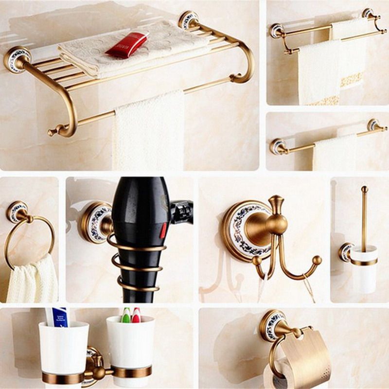 Antique Brass Ceramic Base Bathroom Accessories Set,Robe Hook,Paper Holder,Towel Bar,Soap Basket,Bathroom Hardware Set Kxz007
