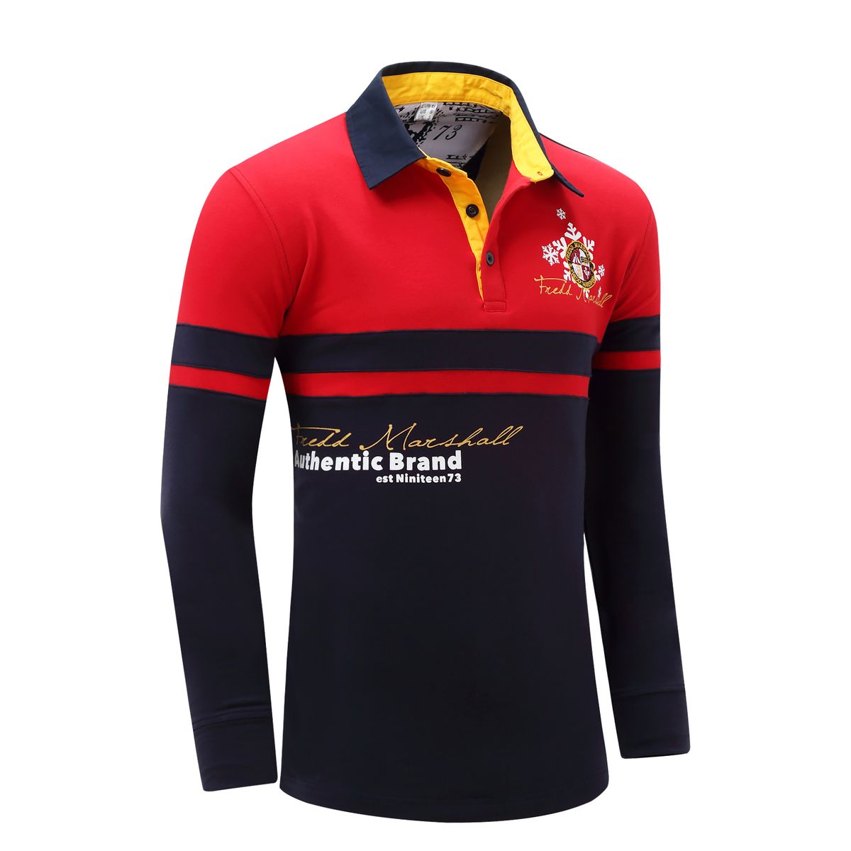 Men's Long Sleeve Color Blocking Polo Shirt - Red/Navy