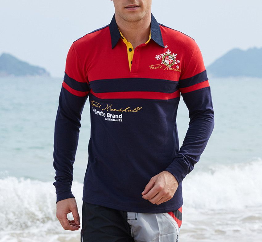 Men's Long Sleeve Color Blocking Polo Shirt - Red/Navy