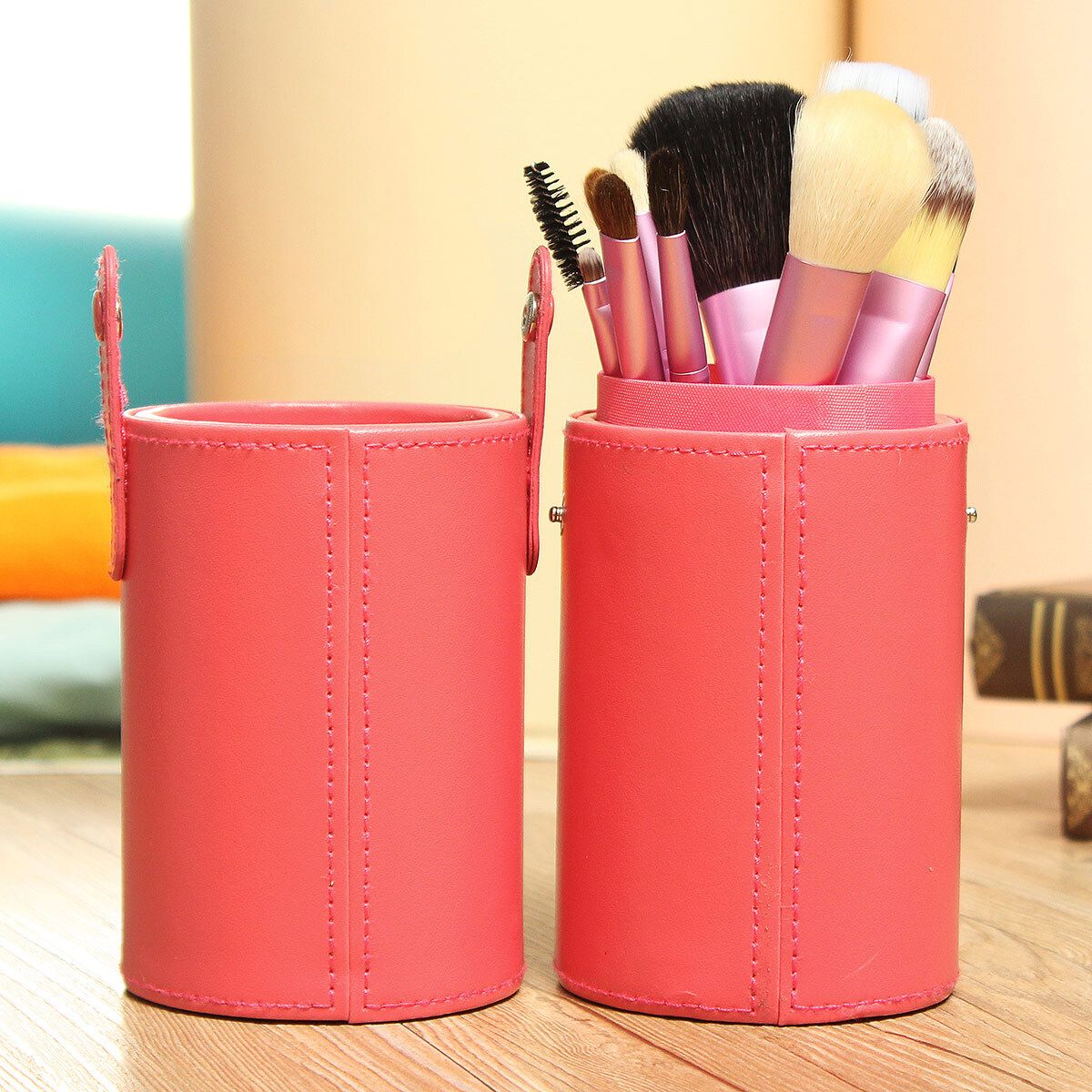 13x Makeup Brush&Leather Cup Case Holder Set Cosmetic Brush Tool Pink