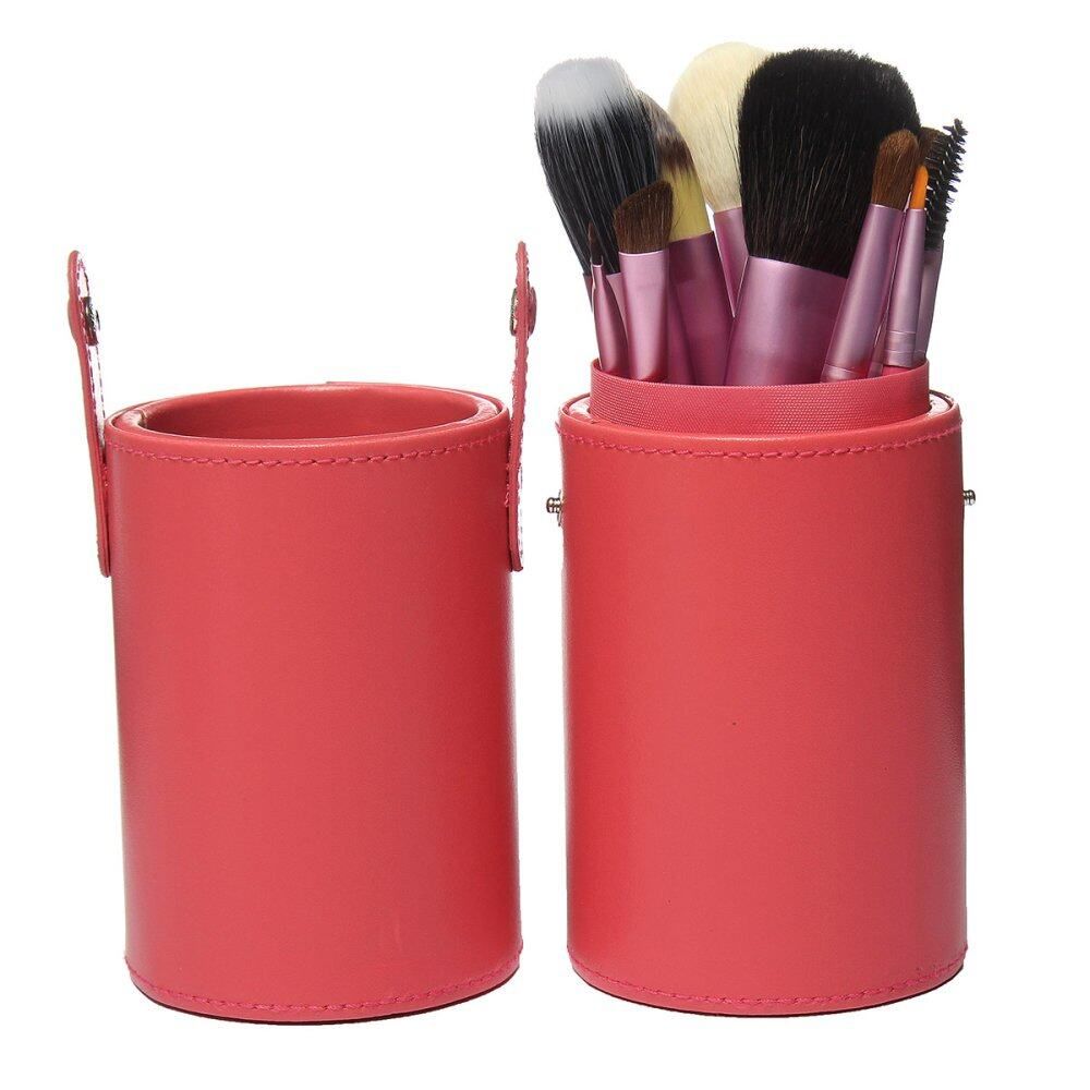 13x Makeup Brush&Leather Cup Case Holder Set Cosmetic Brush Tool Pink