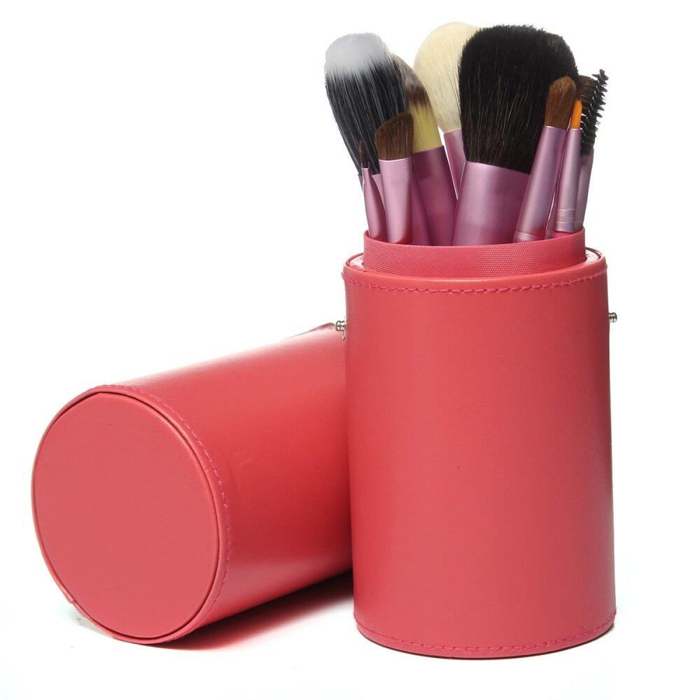 13x Makeup Brush&Leather Cup Case Holder Set Cosmetic Brush Tool Pink