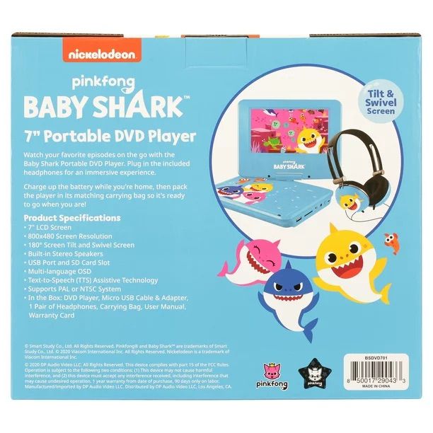 Pinkfong Baby Shark BSDVD701 7" Portable DVD Player With Matching Headphones + Carrying Bag - Multicolor