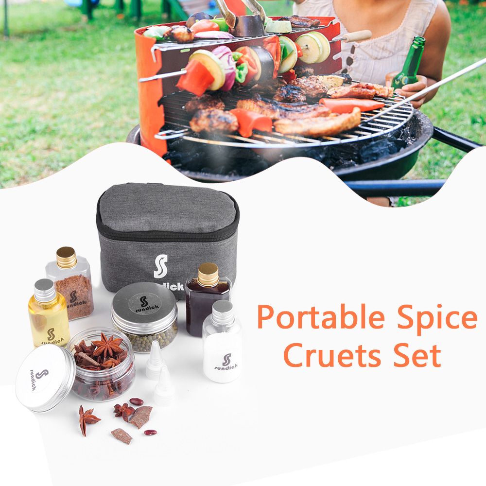 7 PCS Spice Cruets Set Travel Size Salt Bottle BBQ Sauce