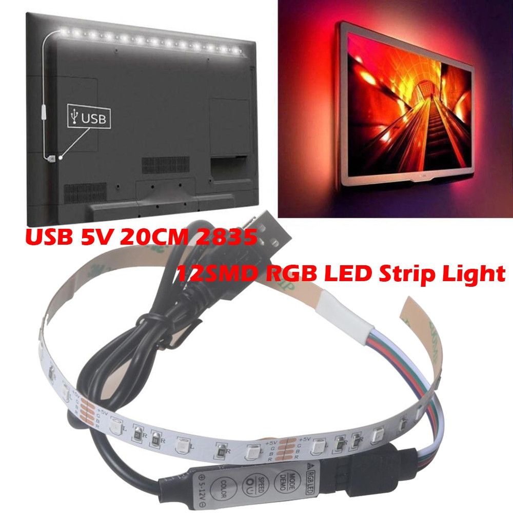 USB 5V 2835 12SMD 20CM RGB LED Strip Light Bar TV Back Lighting Kit
