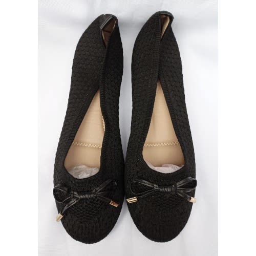 String Bow Socks Ladies Flat Shoe- Black