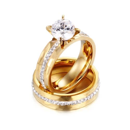 Stainless Steel Golden Couple Zircon Rings Sz 8