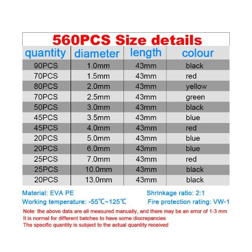 Assorted Heat Shrink Wire And Cable Insulation Tube - 560 Pcs
