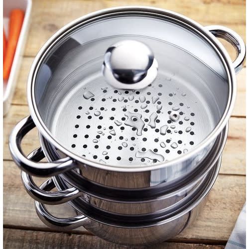 22cm 3 Tier Stainless Steel Food Steamer Set With Glass Lid