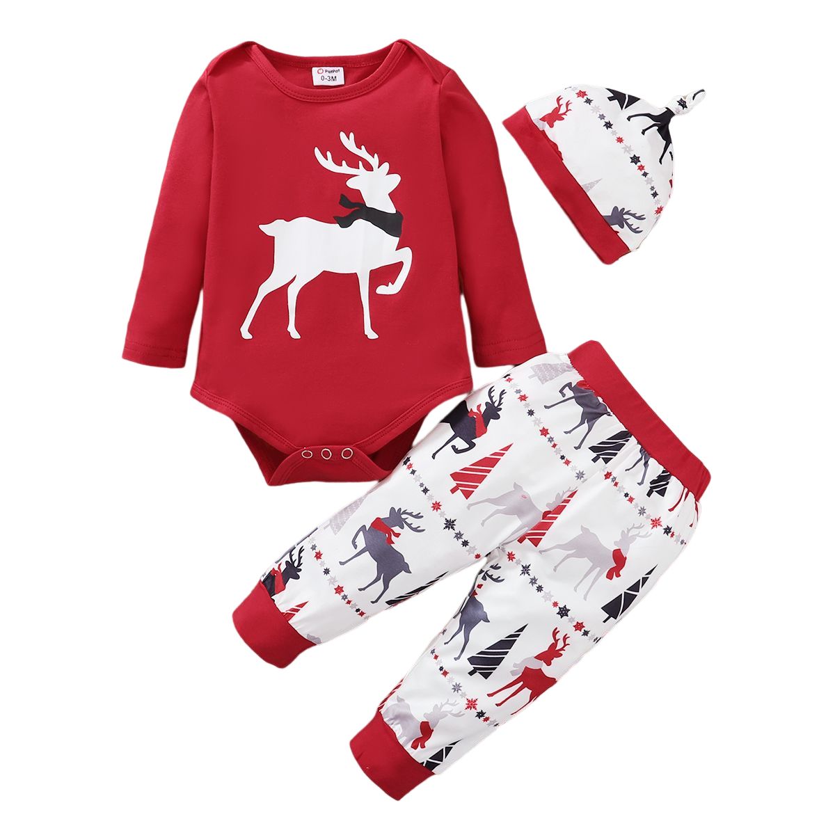 0-1 Year Newborn Baby XMAS Long Sleeve 3PCS Outfit Set With Cap