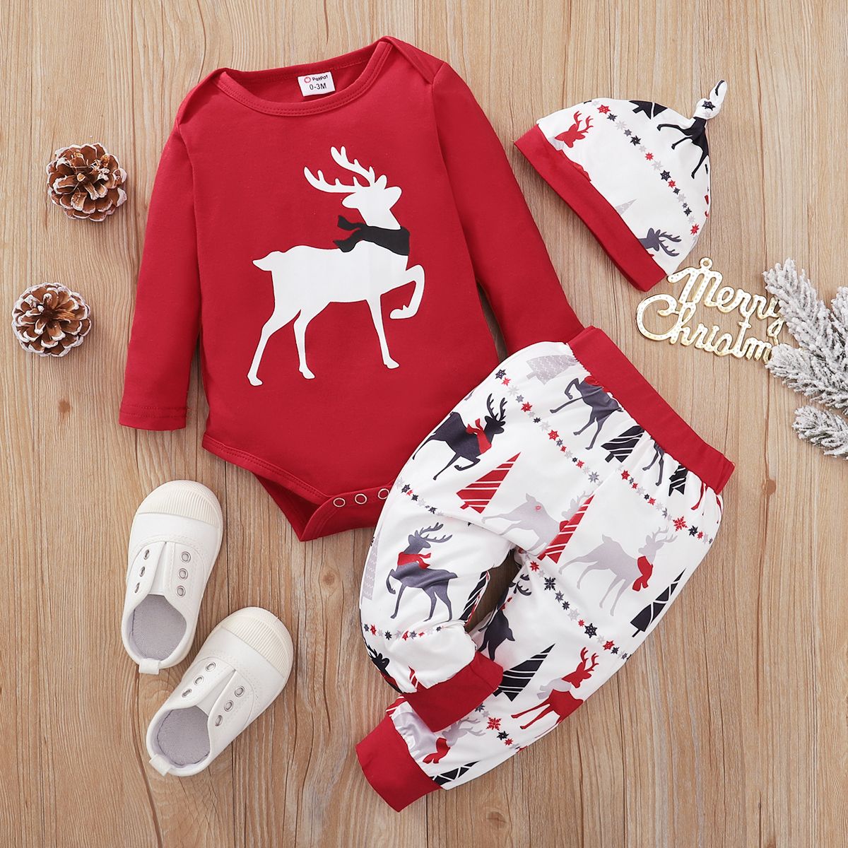 0-1 Year Newborn Baby XMAS Long Sleeve 3PCS Outfit Set With Cap