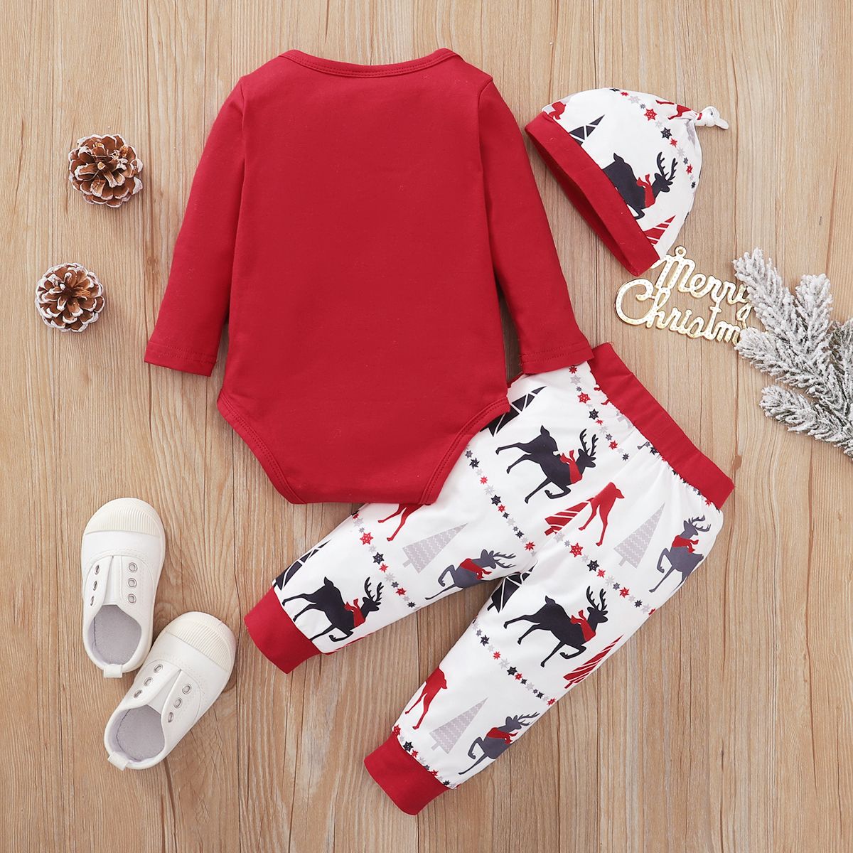 0-1 Year Newborn Baby XMAS Long Sleeve 3PCS Outfit Set With Cap
