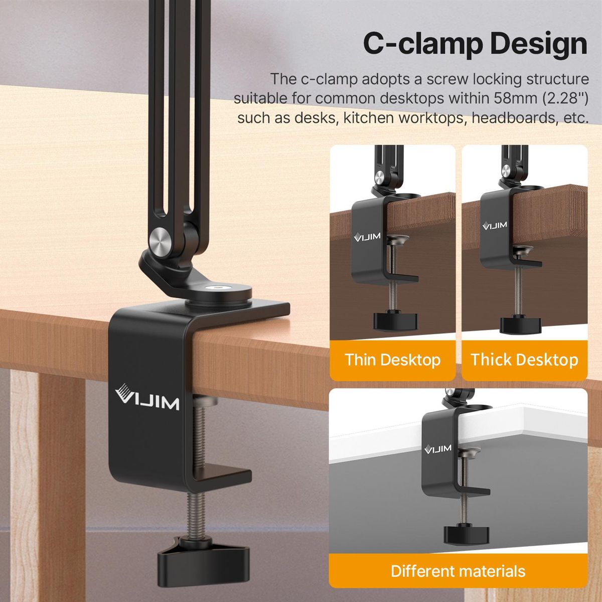 VIJIM HP001 Universal Desktop Stand for Mobile Phone/ Tablet Flexible C-Clamp Desk Mount Stand with Adjustable Tablet/Phone Holder Aluminum Alloy 1kg Load Capacity for Smartphone Tablet Vlog Live Streaming Online Teaching Vid