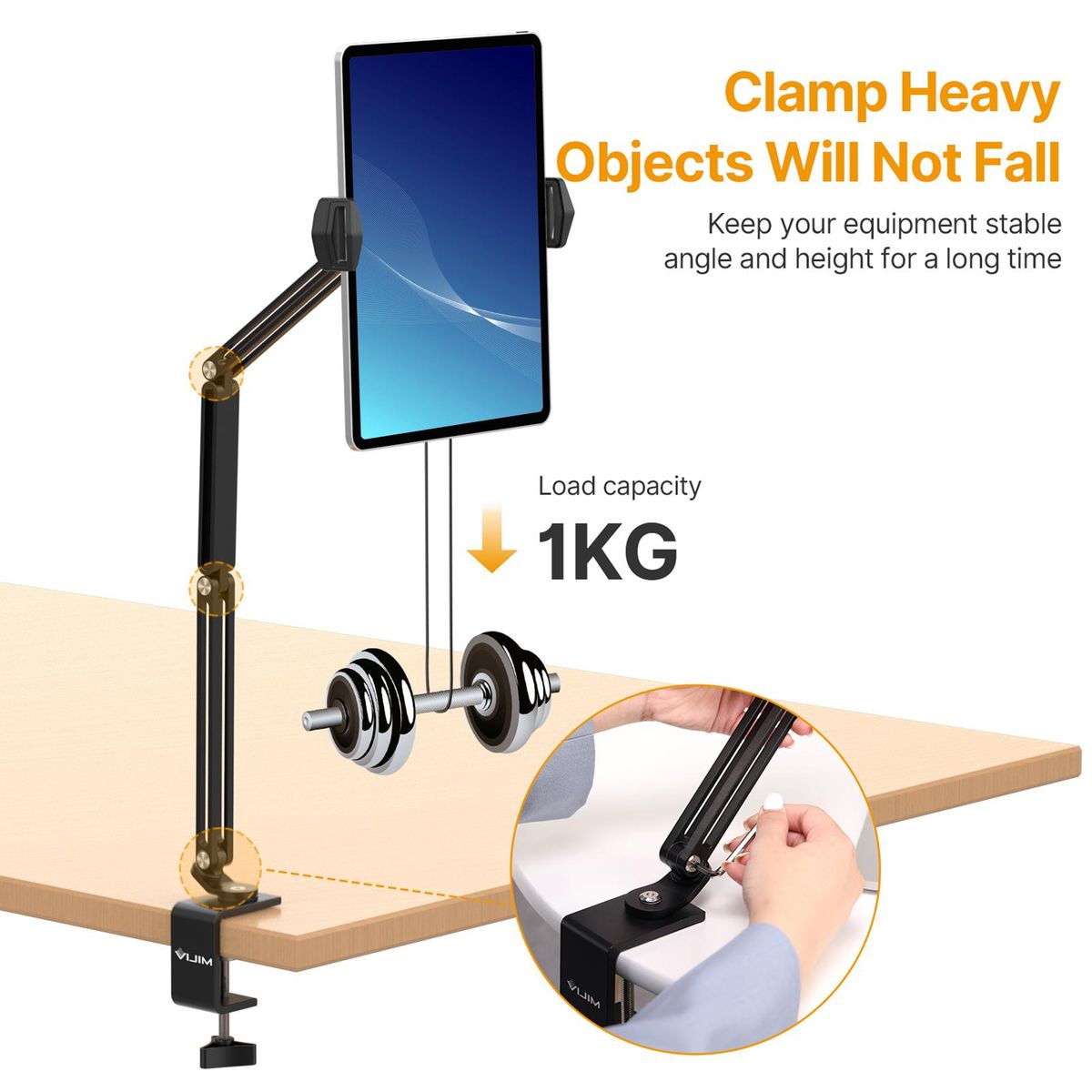 VIJIM HP001 Universal Desktop Stand for Mobile Phone/ Tablet Flexible C-Clamp Desk Mount Stand with Adjustable Tablet/Phone Holder Aluminum Alloy 1kg Load Capacity for Smartphone Tablet Vlog Live Streaming Online Teaching Vid
