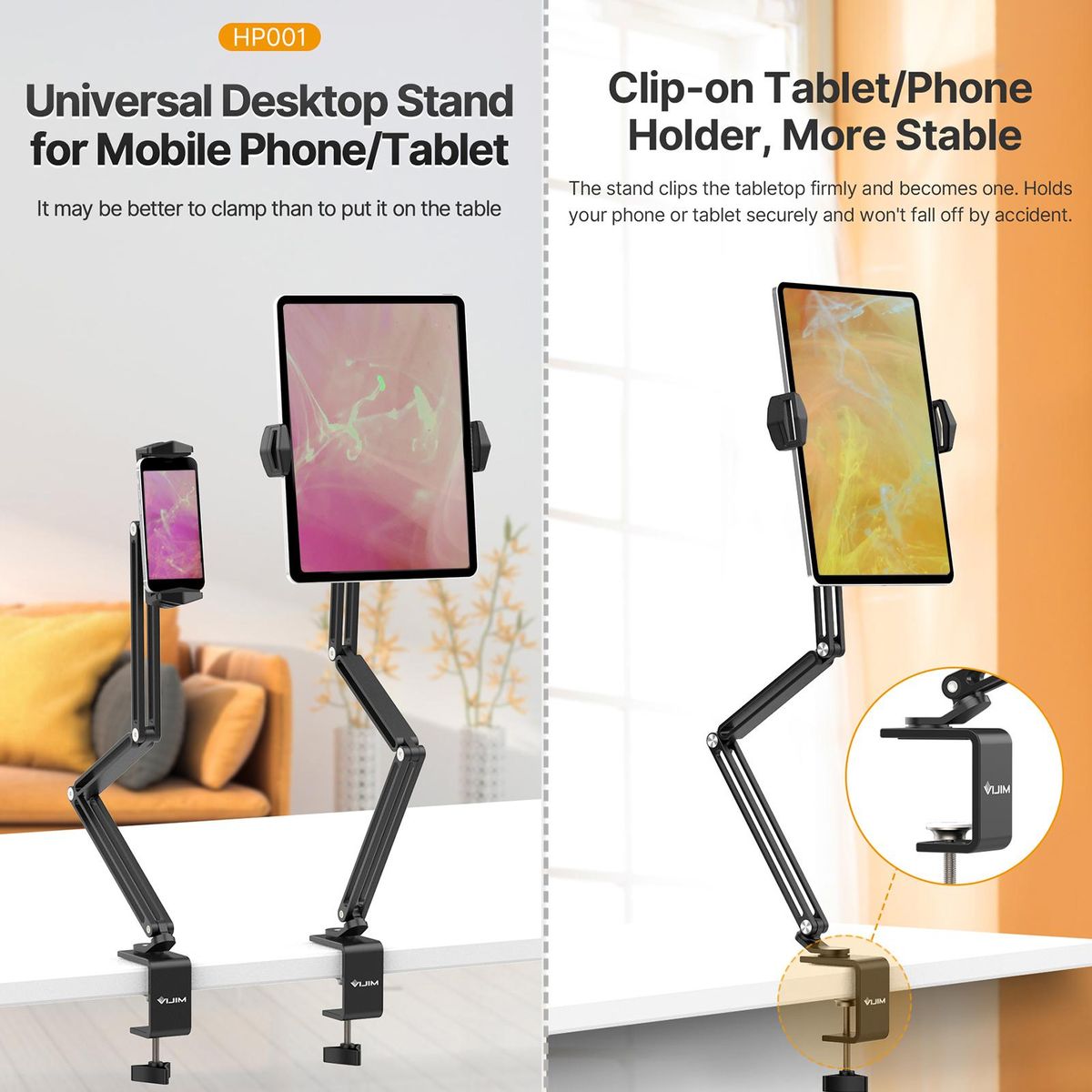 VIJIM HP001 Universal Desktop Stand for Mobile Phone/ Tablet Flexible C-Clamp Desk Mount Stand with Adjustable Tablet/Phone Holder Aluminum Alloy 1kg Load Capacity for Smartphone Tablet Vlog Live Streaming Online Teaching Vid