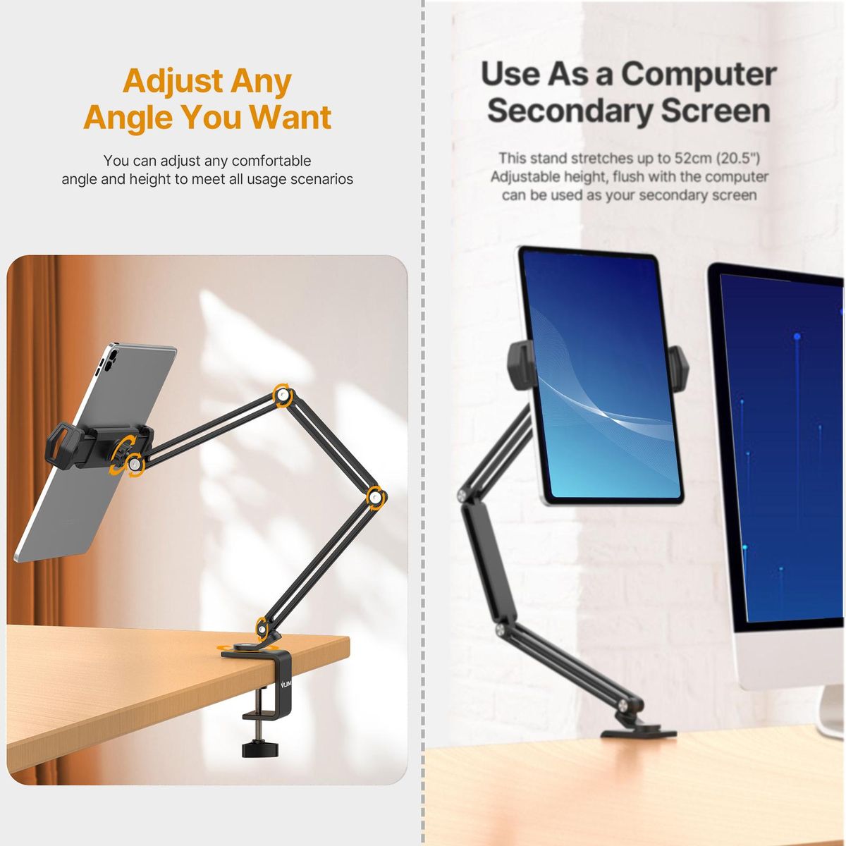 VIJIM HP001 Universal Desktop Stand for Mobile Phone/ Tablet Flexible C-Clamp Desk Mount Stand with Adjustable Tablet/Phone Holder Aluminum Alloy 1kg Load Capacity for Smartphone Tablet Vlog Live Streaming Online Teaching Vid