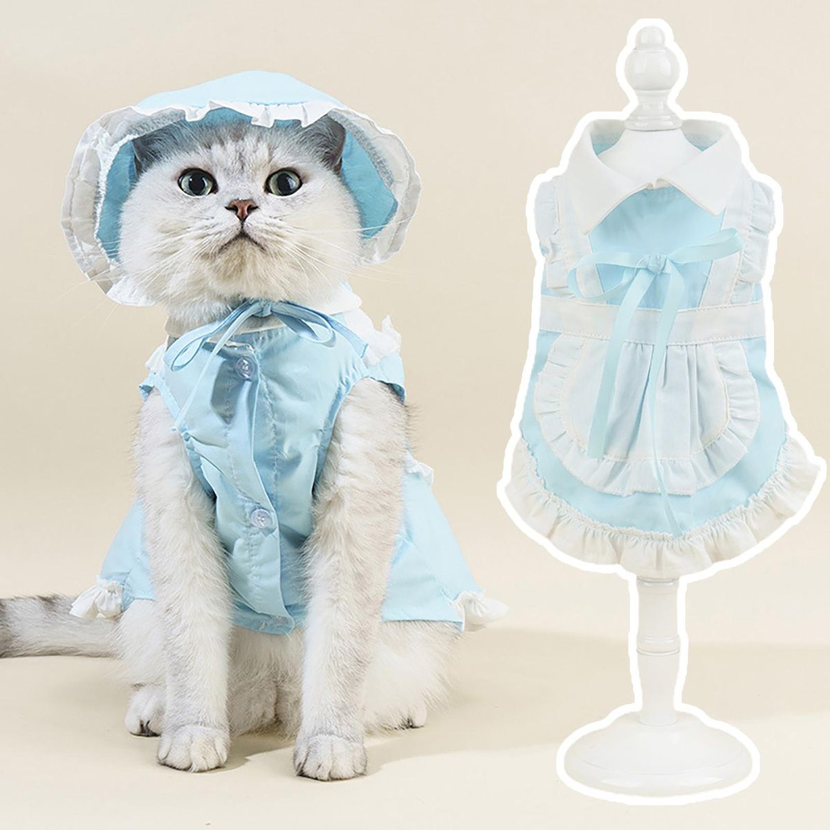 1 Set Cat Skirt Pet Dog Cat Maid Dress with Hat Blue