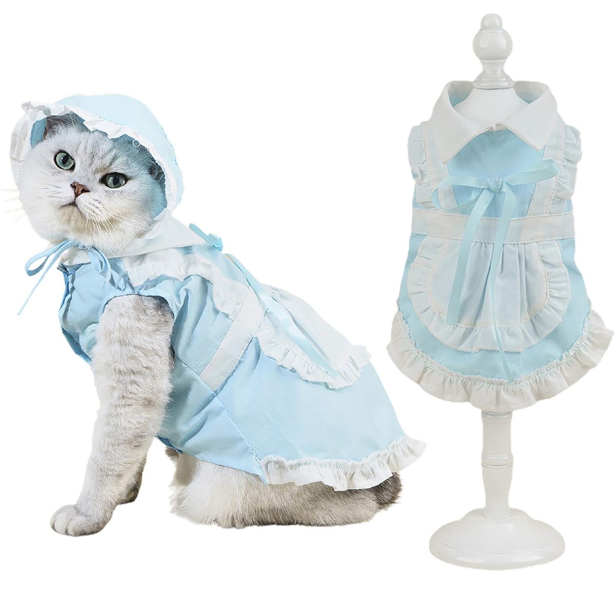 1 Set Cat Skirt Pet Dog Cat Maid Dress with Hat Blue